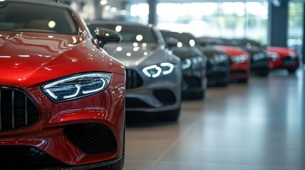 Luxury cars lineup in a showroom, with emphasis on the red car in the front. The background is blurred, highlighting the cars. Concept of luxury, individuality, discrimination