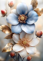 Fototapeta premium A painting of two blue flowers with gold accents. The flowers are surrounded by leaves and there are some red berries in the background. The painting has a serene and calming mood