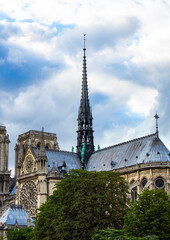The black spire of Notre Dame Cathedral  in Paris prior to its destruction by fire in 2019, Paris, France