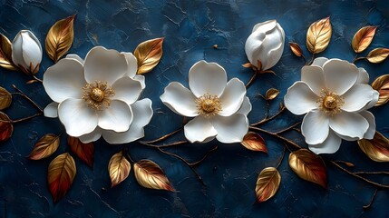 Fototapeta premium A painting of three white flowers with gold accents on a blue background. The flowers are arranged in a line, with the middle one slightly larger than the other two. The painting has a serene