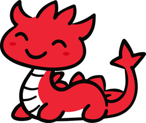 A charming dragon with a red body, spiky back, and a short tail sits on its belly.