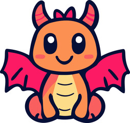 A cute, orange dragon with large, expressive eyes and a cheerful smile sits on its hind legs, its pink wings folded behind its back.