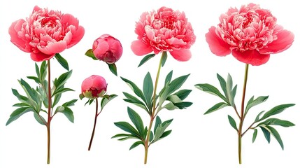 Obraz premium A set of freshly picked peony flowers with lush, full petals, beautifully contrasted against a white background, ideal for a nature or floral design theme.