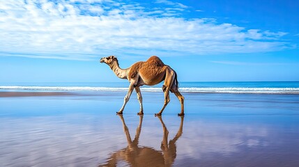 Camel walking along a sunny Moroccan beach, with its silhouette reflected in the wet sand, and the vibrant blue ocean creating a stunning contrast.