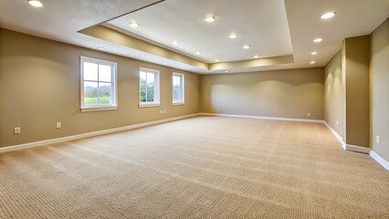 Photo image of a rectangular-shaped room with a beige-colored carpet covering the floor, a large empty space with no furniture or decorations.