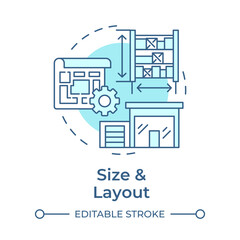 Size and layout soft blue concept icon. Industrial real estate. Space for warehouse. Floor plan of facility. Round shape line illustration. Abstract idea. Graphic design. Easy to use in article