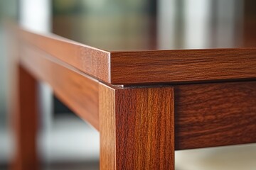 A close-up of a mahogany wood picture frame with a shallow depth of field, showcasing the high-resolution texture of the wood and the stylish elements of a contemporary console table