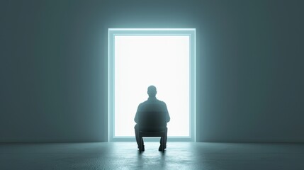 Obraz premium A man sits in a chair in front of a window. The room is dark and the window is open, letting in a bright light. The man is lost in thought, possibly contemplating his life or his future