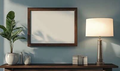 A wide-angle shot of a mahogany wood picture frame on a stylish console table, with sophisticated lighting that enhances the frame’s minimalist design and elegant decor