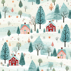Seamless Winter Christmas Landscape Pattern Watercolor Vector Illustration.