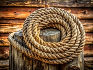 Obraz premium A photo image of a worn, aged rope coiled around a wooden beam, with cracks and frays visible, set against a rustic background.