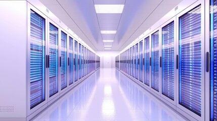 Fototapeta premium A large room with many computer servers. The room is very bright and clean. The servers are blue and white