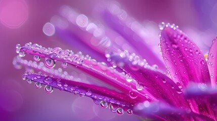 Naklejka premium Dew-Kissed Petals: A close-up macro photograph of a vibrant purple flower, adorned with glistening dewdrops that capture the soft light and ethereal beauty of nature.