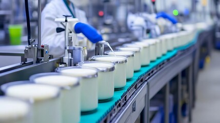 Assembly line in a dairy processing plant, food industry, automated production