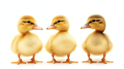Fototapeta premium Three yellow ducklings isolated against a white background. --ar 16:9 --v 6.1 Job ID: 39bacb4e-e9ab-4163-8259-1f0bd0ce8ca2