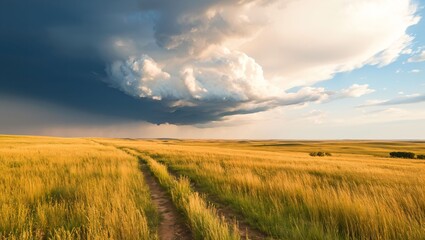 A mesmerizing landscape unfolds as golden fields meet a dramatic stormy sky, revealing nature's striking contrasts in a breathtaking display of beauty and power under vast horizons.