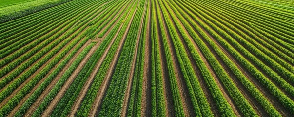 Obraz premium Aerial view of an industrial farm with rows of crops and machinery, large-scale farming, agricultural efficiency