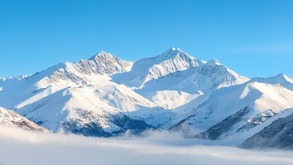 Fototapeta premium The Beauty of Majestic Snowy Peaks Under a Clear Blue Sky: A Winter Wonderland Awaits with Majestic Mountains Frosted in White, Stretching Towards the Horizon, Inviting Adventure.