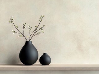 Elegant black vases with blooming branches on a wooden shelf against a neutral wall