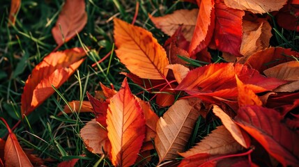 Autumn Foliage: Japanese Cherry Leaves on Vibrant Lawn Background