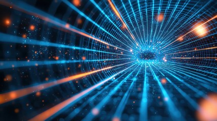 Futuristic Neon Blue Grid with Glowing Geometric Shapes and Sparkling Particles