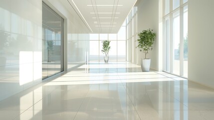 Fototapeta premium A large, empty room with a white floor and white walls. A potted plant sits in the middle of the room