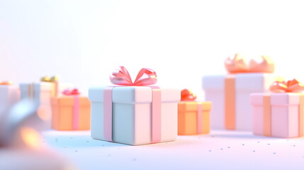Obraz premium Low Poly 3D Gift Box Scene: Snowy, Spherical Sculpture Display with Light Orange and Azure Gift Items.