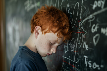 Young boy overwhelmed by complex equations on blackboard. Generative AI image