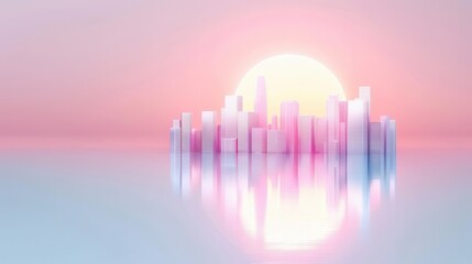 Fototapeta premium A city skyline is reflected in the water, with a large sun in the background. The scene is serene and peaceful, with the city and the water creating a beautiful contrast