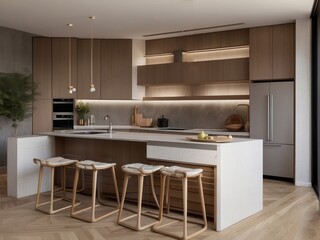 Fototapeta premium Modern Kitchen with White Marble Countertop and Wooden Stools