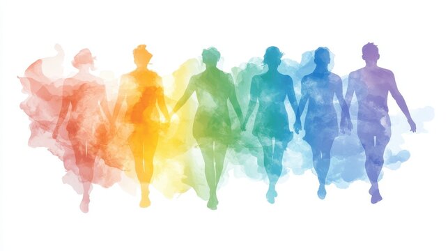 A group of people are walking in a rainbow line. The people are holding hands and are wearing colorful clothes. Concept of unity and togetherness