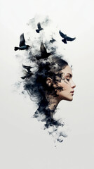 Artistic portrait of a woman with birds soaring from her silhouette, symbolizing freedom and creativity.