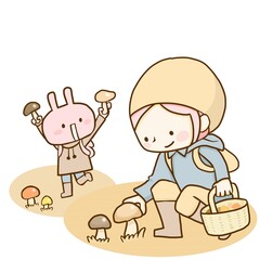 キノコ狩りを楽しむ女の子とうさぎ