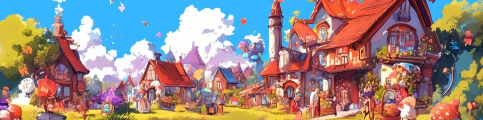 Obraz premium Enchanting Fairy Town: Whimsical Cartoon Illustration of Cozy Neighborhood for Storybook Marketing. AI-Generated Artistic Scene with Charming Streets and Magical Atmosphere. Perfect for Children's Boo