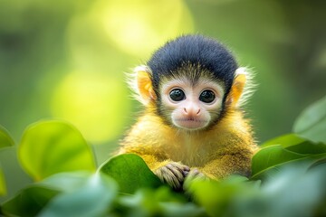 Obraz premium Sweet Little Squirrel Monkey Among Greenery