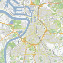 Road map of Antwerp in Belgium. Contains layered vector with roads water, parks, etc.