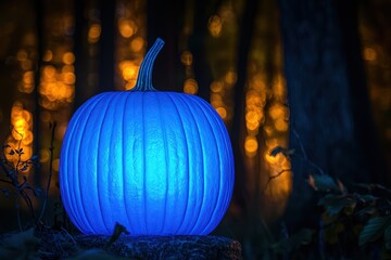 Halloween night imagery with a bright blue pumpkin glowing against creepy forest trees.