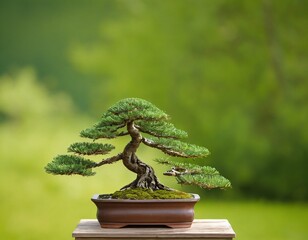 Abstract nature scene with a composition of spruce branches, stones, and dry snags. Traditional japanese bonsai miniature tree on a green background. Copy space. Ai generated image