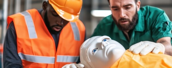 Safety officer providing first aid training to employees, emergency response, workplace safety, injury prevention