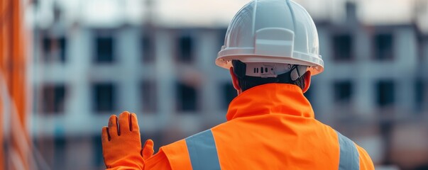 Worker in high-visibility clothing inspecting a construction site, safety helmet, protective gloves, work safety, hazard identification