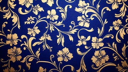 Elegant Thai pattern wallpaper showcasing ornate floral designs with intertwining vines and leaves in a combination of gold and royal blue hues, symbolizing prosperity and elegance
