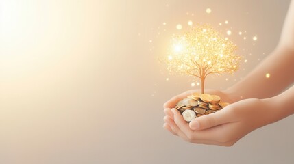 Hands holding a golden money tree growing from coins, symbolizing financial growth, investment, and prosperity with a warm and hopeful background.