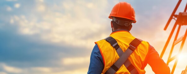 Worker using a safety harness while climbing a high ladder, fall protection, construction safety, hazard prevention