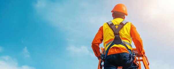 Worker using a safety harness while climbing a high ladder, fall protection, construction safety, hazard prevention