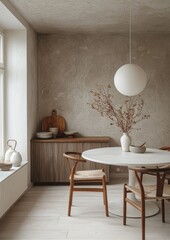 Minimalist dining room with round white table, rustic chairs, and pendant light
