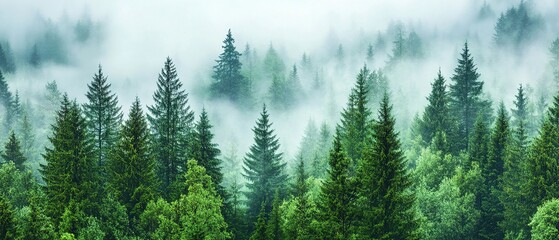 Fototapeta premium Dense forest landscape with tall green trees enveloped in mist and fog