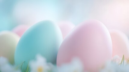A group of colorful eggs are sitting on a bed of grass. The eggs are of different colors, including blue, pink, and green. Concept of joy and celebration, as the eggs are often associated with Easter