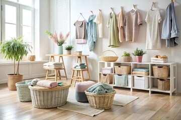 whimsical pastel hues dance across minimalist Scandinavian-inspired space as deliberately rumpled garments spill from woven baskets amidst deliberate careless chaos of everyday life remains