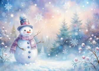 Fototapeta premium whimsical winter wonderland scene featuring a delicate watercolor snowman surrounded by soft pastel hues, twinkling snowflakes, and misty fog, evoking a sense of magic and serenity