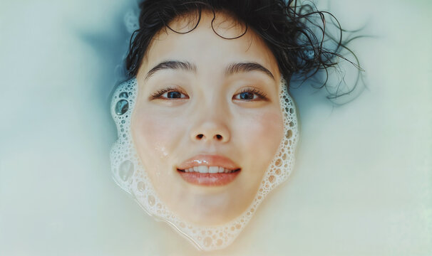 Happy Assian woman with closed eyes smiling while taking bath with milk. Luxury beauty concept